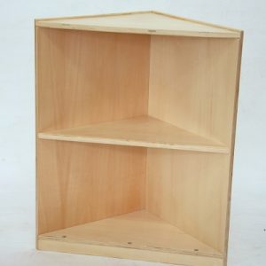 A corner shelf unit made from birch ply wood.