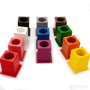 A set of 11 coloured pencil holders - the colours reflect the Montessori colour range used to aid the Child to learn various grammar functions, i.e. red is for verbs. CHL0103