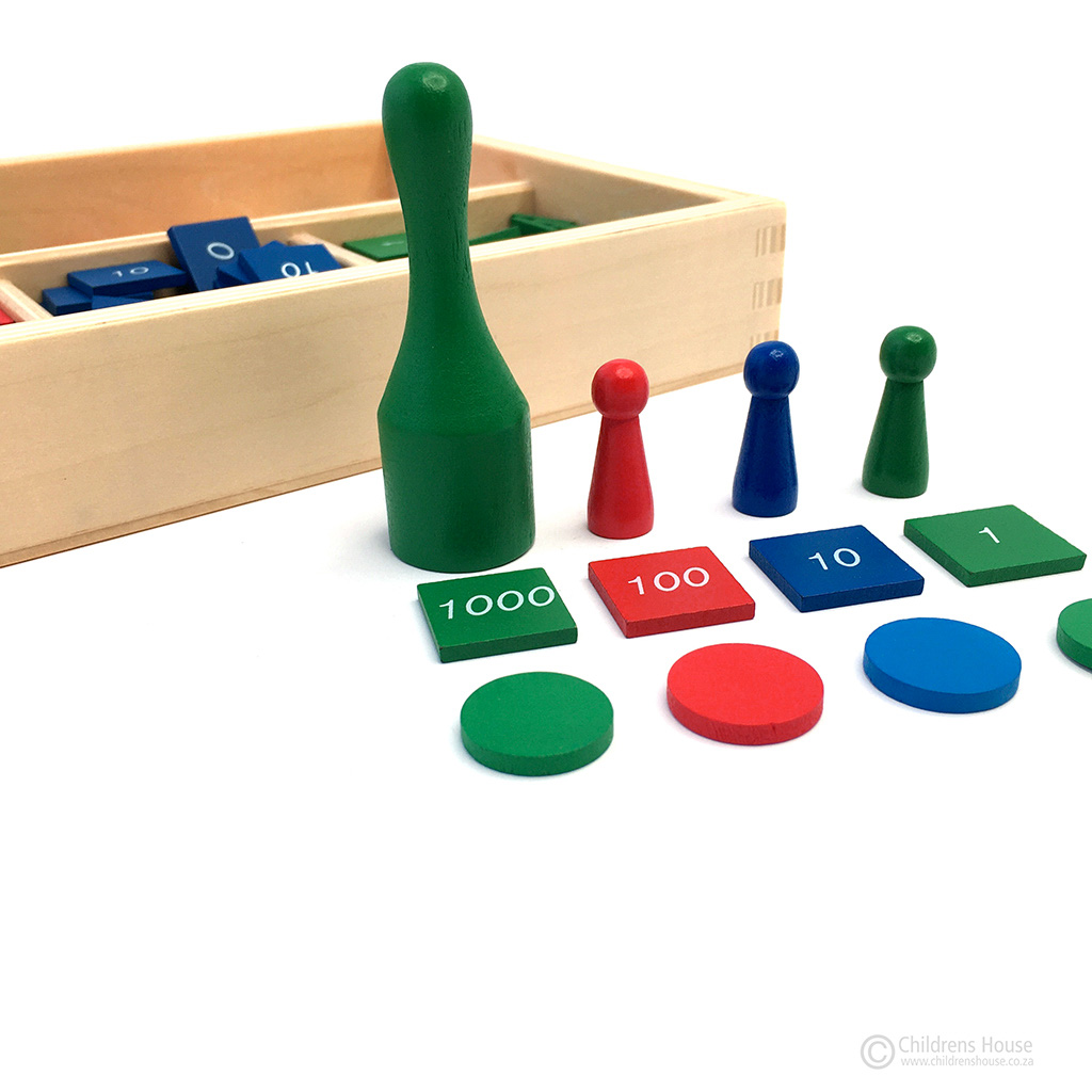 The Stamp Game helps the Child to learn all about the decimal system, in the form of a game, in a less concrete manner.