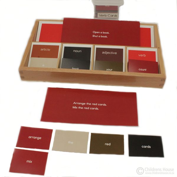 This image of the Grammar Boxes, shows how the Verb cards from the Printed Grammar Cards are used as an activity.