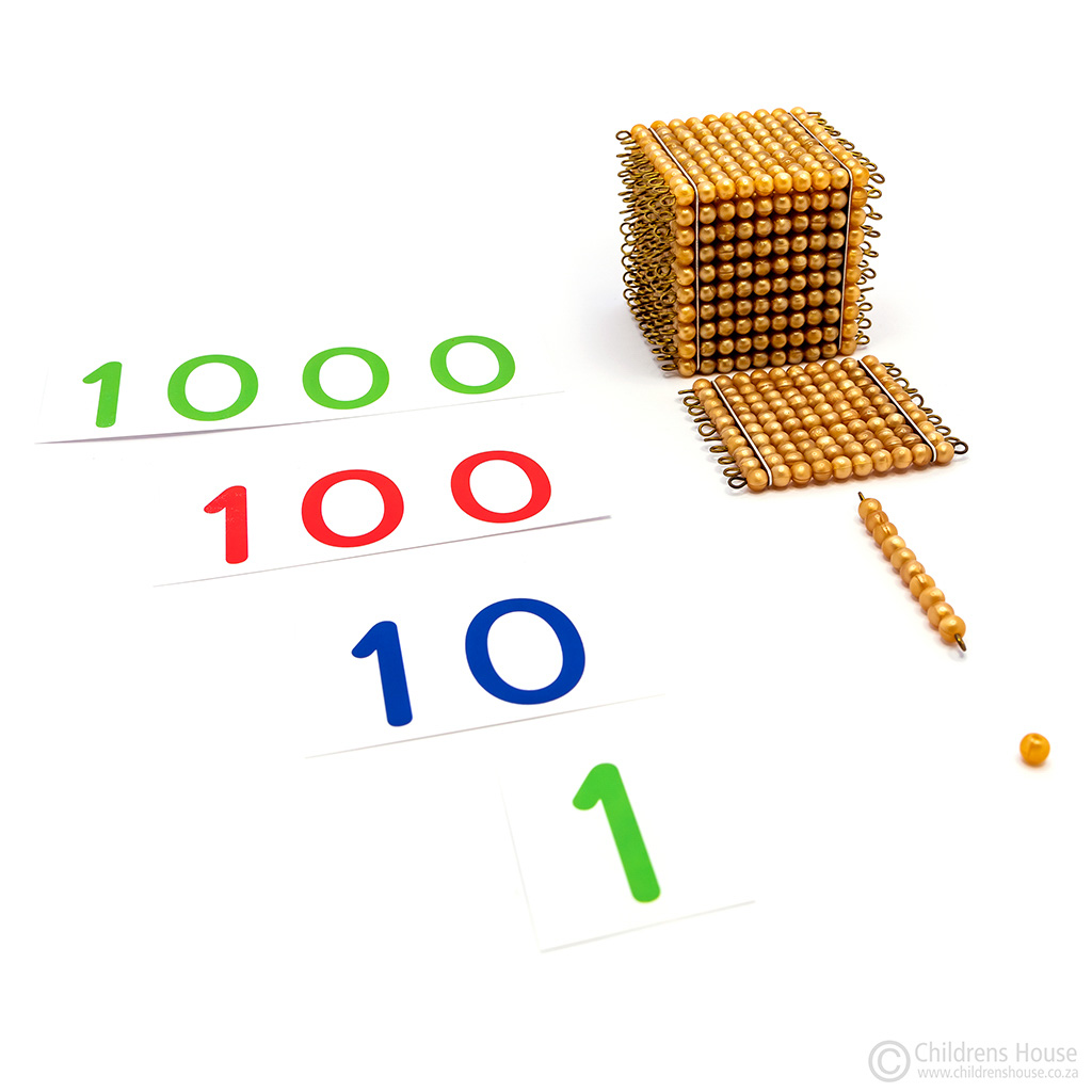 The Large Laminated Number Cards, together with the introduction to Golden Beads 1, 10, 100, and 1,000, are used to teach the Child what the different written symbols look like, compared to the abstract number in concrete form.