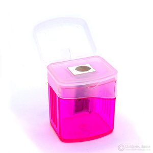 An individual neon pink sharpener with the flip lid open