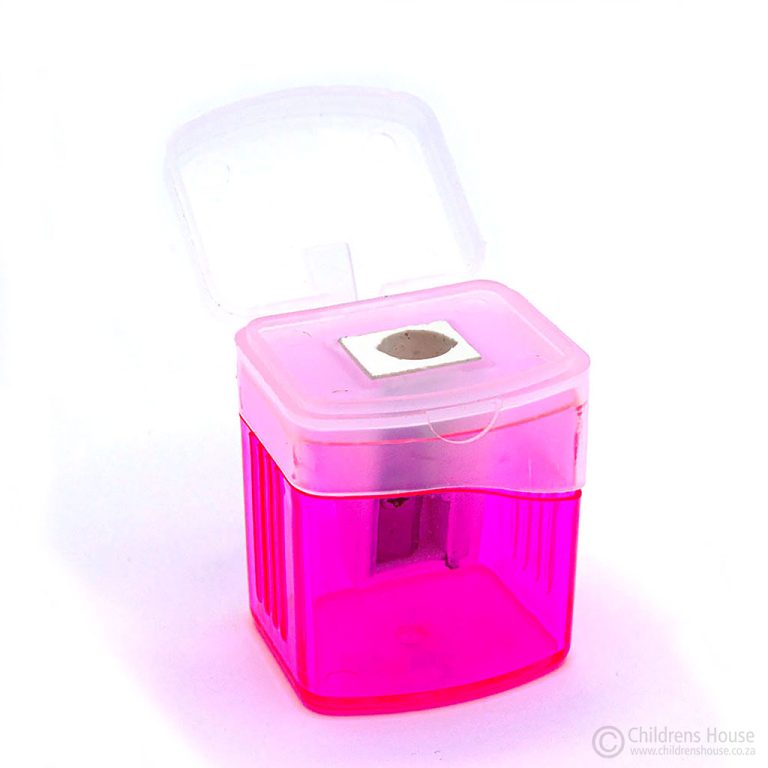 An individual neon pink sharpener with the flip lid open