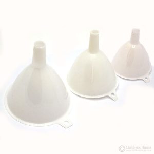 The Featured Image of a set of 3 white, plastic, Funnels, from small to large, suitable for all ages and varied tasks.