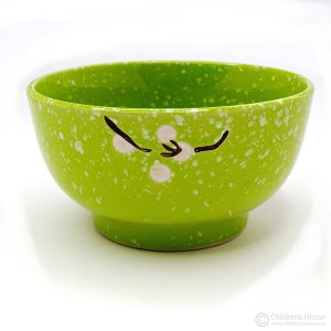 The featured Image is of a small green bowl with a design of a flower and fine splatters of white on the green - the diameter of the bowl is 11cm - the shot is face on, so you see more of the side of the bowl with the design