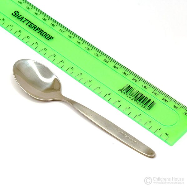 The featured image of a small spoon, lying next to the ruler, illustrates that the length of the spoon is 14cm / (5.5")