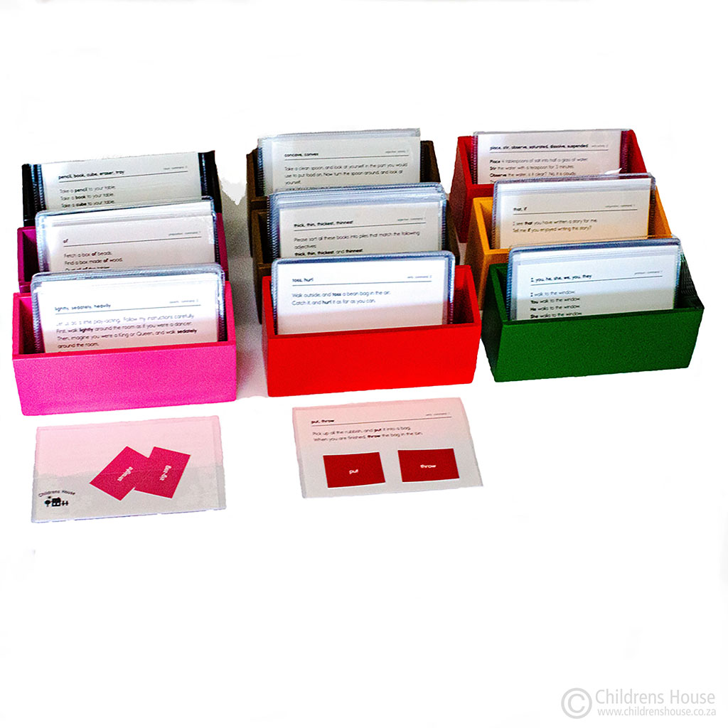 Childrens House Grammar Command Boxes, populated with command cards for illustration purposes only - you may purchase them separately.