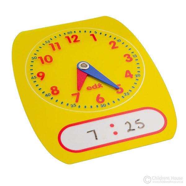Childrens House have a set of 5 plastic analog clocks with movable hands, and an area for the time displayed to be written and erased