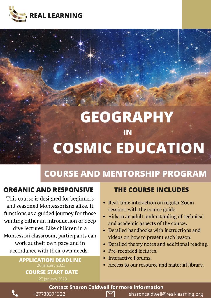 Details about the Geography in Cosmic Education course, run by Sharon Caldwell of Real Learning