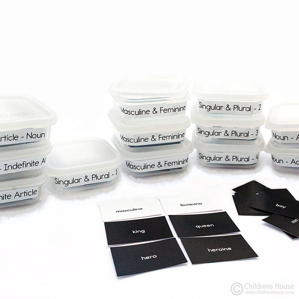 The Printed Grammar Cards form part of the Childrens House range of Montessori language materials. This is a close-up image capturing the Noun Activity sets that form the starting point of this material.