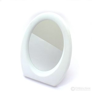 This Featured image displays a small, plastic, white framed mirror. This mirror can be hung on the wall, or stands on a table; sold by Childrens House.