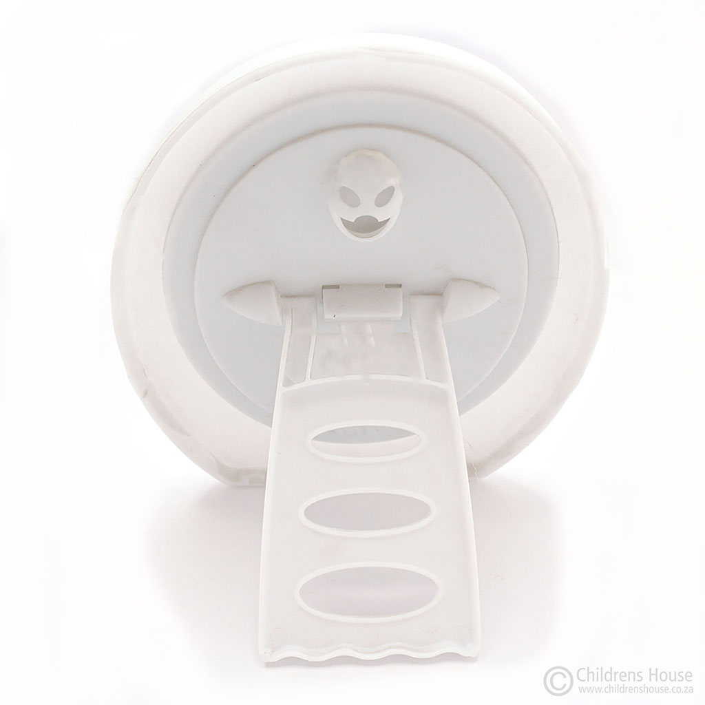 This Featured image displays the back of a small, plastic, white framed mirror. The mirror can either stand on a desk or hang on the wall.