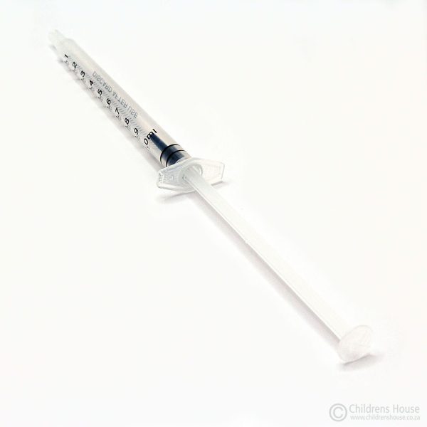 This image of the 1ml syringe, shows the plunger fully extracted. This product helps to strengthen the Child's fine motor muscles. This action encourages the development of the correct finger grip to hold a pencil.