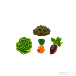 The featured image displays a pile of compost, lettuce, carrots, beetroot, 4 miniature objects. A bale of hay, a bag of feed, and an empty box. These items are some of the language objects for The Farm, which is sold by Childrens House