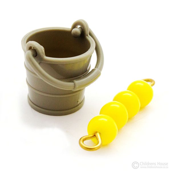 The featured image displays the bucket, toolbox, food trough, 4 miniature objects. This items is the bucket, the handle swings up and down. Laying next to the bucket is a yellow, 4-bead stair to illustrate the size of the object. The bead stair is sold separately. These are part of the language objects for The Farm, which is sold by Childrens House