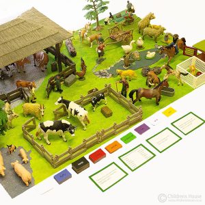 The X-Curricula activity known as The Farm Grammar Activity, set out on a table to display the numerous animals, human figurines and assorted furniture that makes up the Farm. This product is used to introduce the Child to grammar and language, through play.