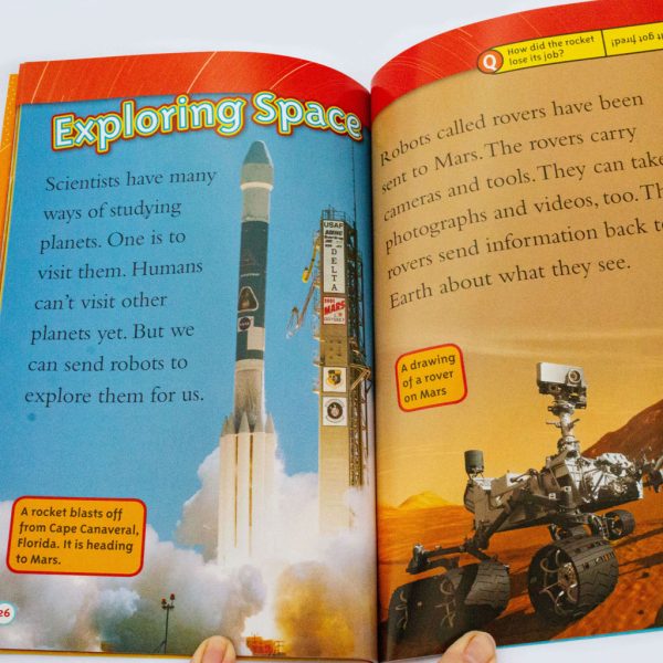 This featured image is of one of the range of National Geographic Kids Readers, all about Planets. These range in level from a pre-reader, to a level 1 as a co-reader, and level; 2 and 3. This is a level 2 book for children who are ready to read. independently. There are quizzes, facts and interesting reading sections.