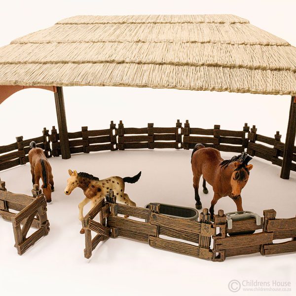 The featured image displays a Farm Shed and fence, for the farm. This is part of the farm grammar activity, objects for The Farm, which are sold by Childrens House. The fence is flexible, and can easily be extended or made smaller, as the partitions clip one into another. The horses, water, and food troughs are sold separately. They are used to illustrate the concept of the size of the farm shed.