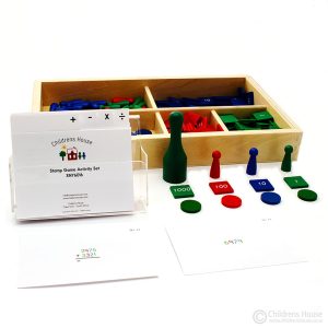 This image of The Stamp Game Activity, is the featured image for the product. The stamp game is sold separately. The children are introduced to working with complex calculations, using the skills gained with the Hierarchy of Numbers and the place value working mat. This indirectly introduces the Child to the decimal system and improves their arithmetic skills.