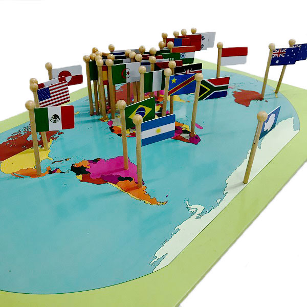 This activity consists of Flags on stands and a world map with indentations, that allow the flags to be inserted into the holes.