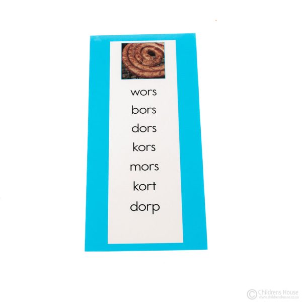 The Afrikaans Blue Word List, is an element of the Afrikaans Montessori Blue Reading Series. This product consists of 8 word lists, with 8 words per list. The image at the top of the list, is the picture of the 1st word on the list. The aim of this product is for the Child to phonetically sound out words, without having the support of pictures. Sensory phonics, using images and words, help to teach the Child to read. This is the 2nd set in a 3-part Montessori Reading Series, guiding the Child through an in-depth understanding of word building and reading. Search for XLG6062 to view the full set of all elements making up the Afrikaans Montessori Blue Reading Series.