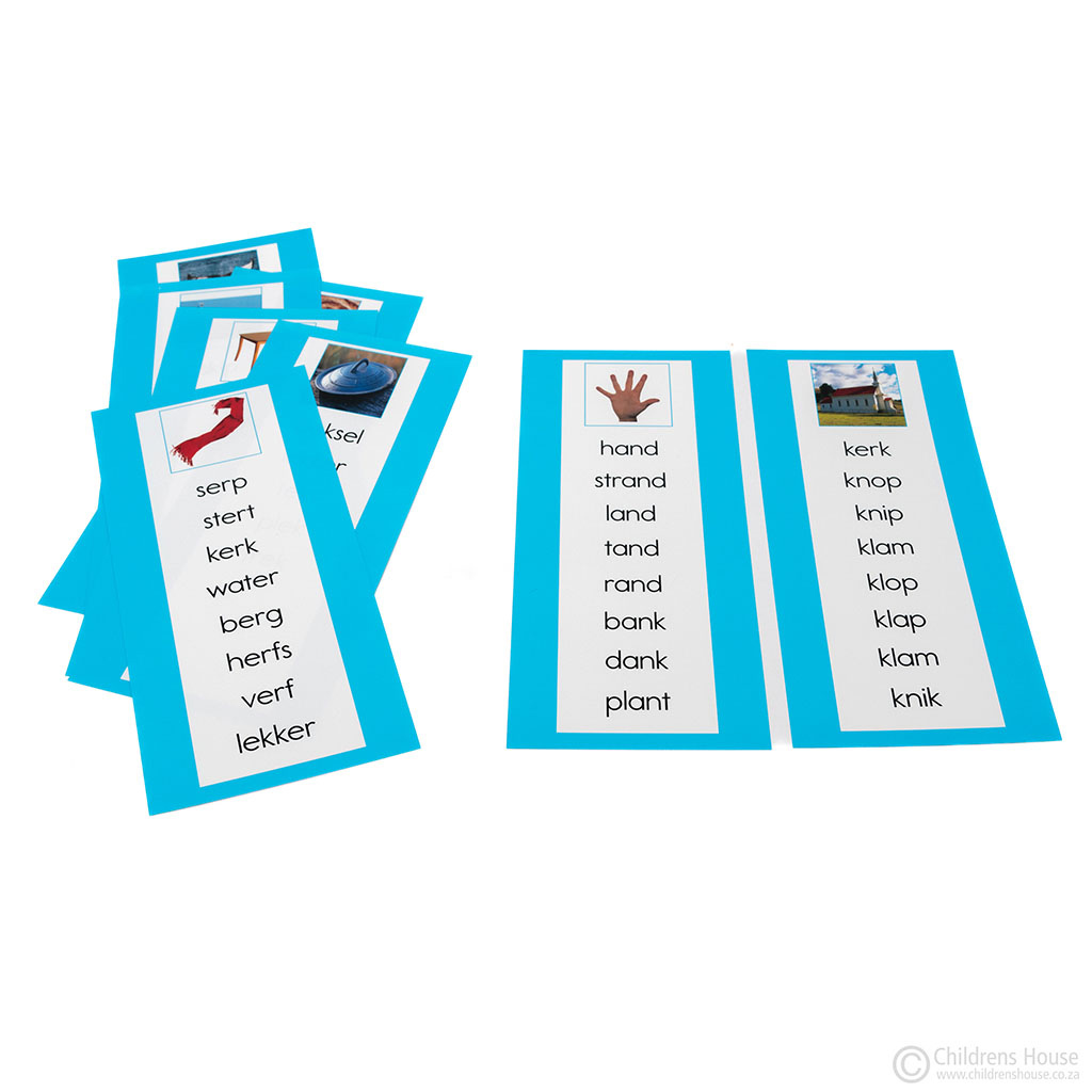 The Afrikaans Blue Word List, is an element of the Afrikaans Montessori Blue Reading Series. This product consists of 8 word lists, with 8 words per list. The image at the top of the list, is the picture of the 1st word on the list. The aim of this product is for the Child to phonetically sound out words, without having the support of pictures. Sensory phonics, using images and words, help to teach the Child to read. This is the 2nd set in a 3-part Montessori Reading Series, guiding the Child through an in-depth understanding of word building and reading. Search for XLG6062 to view the full set of all elements making up the Afrikaans Montessori Blue Reading Series.