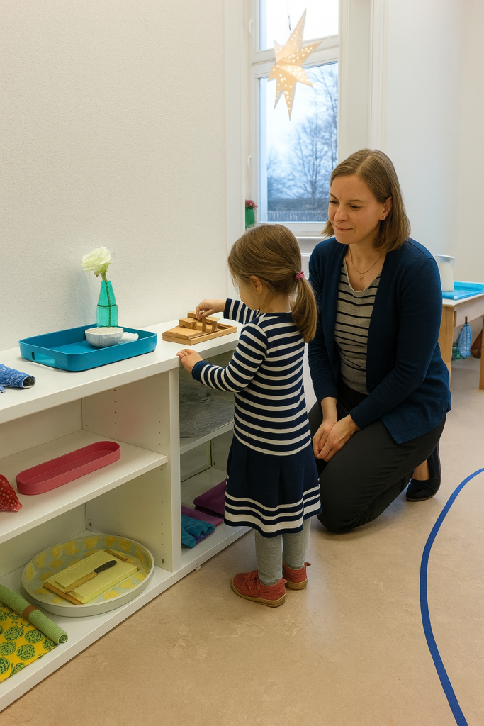 Montessori Search Partners focus on the Child's needs and abilities. The Montessori Assistant is observing the early learner who is standing at the Montessori Shelves, collecting her next activity, to carry to her work-station, on a tray.