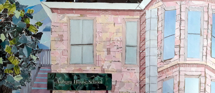 A collage depicting the entrance to the Auburn House Montssori School building.