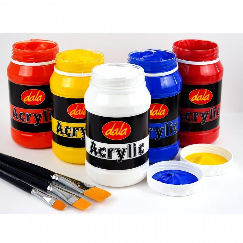 Dala acrylic paint in red, yellow, white and blue, with brushes